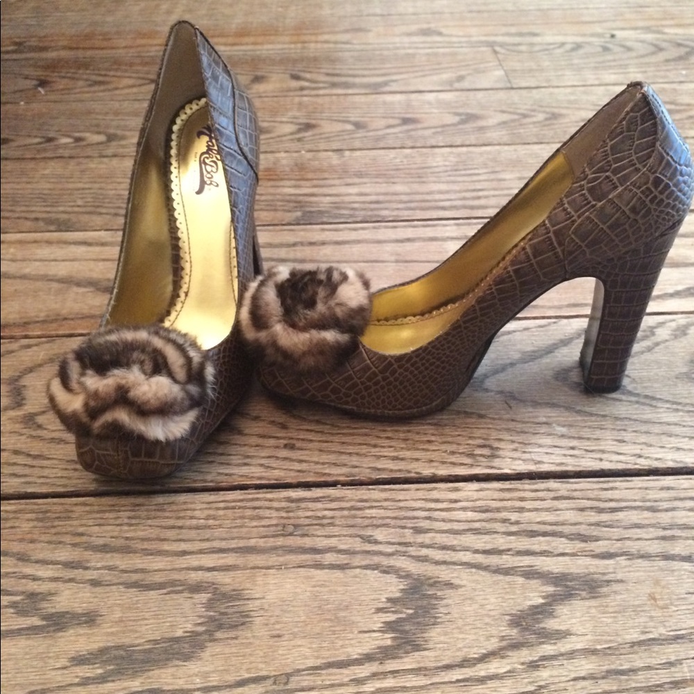 HaleBob brown leather heels with fur pouf